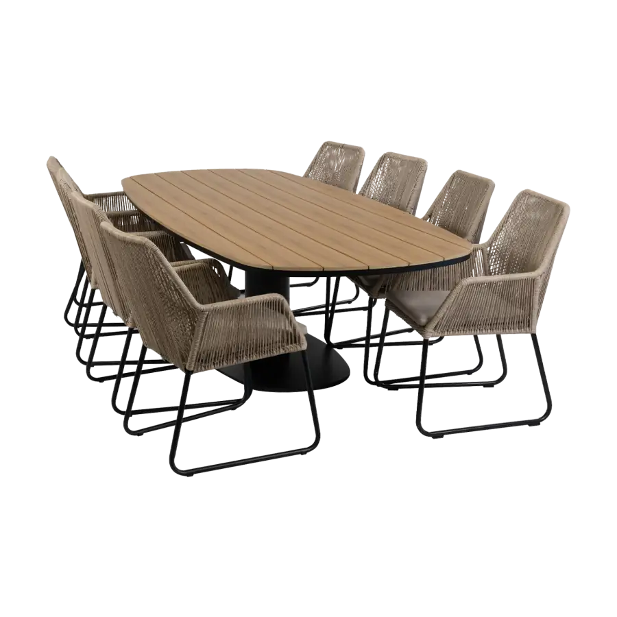 9-teiliges Garten-Set | 8 Mona Gartenstühle (Sand) | 260 cm Tower Gartentisch (Schwarz)