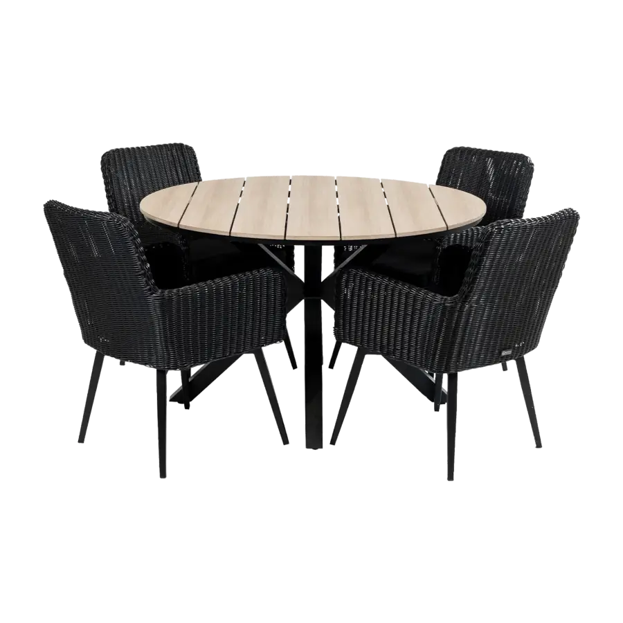 Pisa ronde tuinset-5 delige tuinset-Pisa tuinstoel black-polywood tuintafel-wicker vlechtwerk-aluminium frame