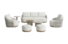 Sessel-Sofa Loungeset Marbella | Wood | 8-Teilig | Natural Bouclé/Stone Cord | Aluminium und Rope