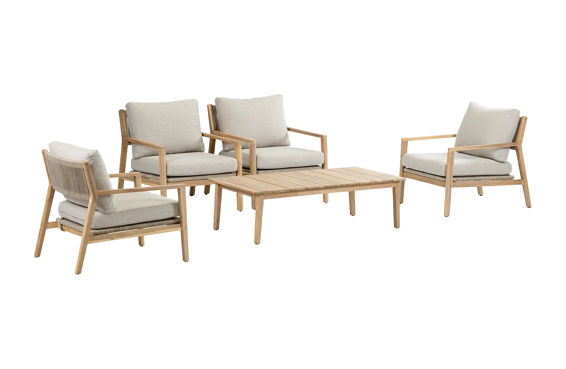 Sessel Lounge-Set Felline | 4 Lounge-Sessel mit Beistelltisch (120 x 60 cm) | Akazienholz & Sand
