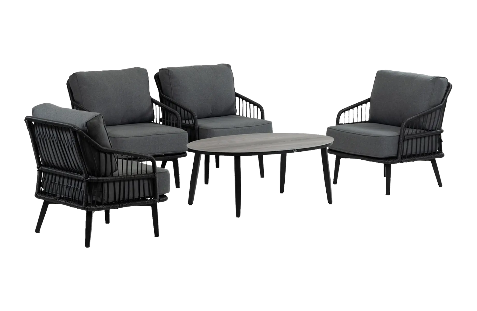 Sessel Lounge-Set | 4 Isabel Lounge-Sessel | Mykonos Beistelltisch oval (120 x 75 cm) | Grau & Schwarz