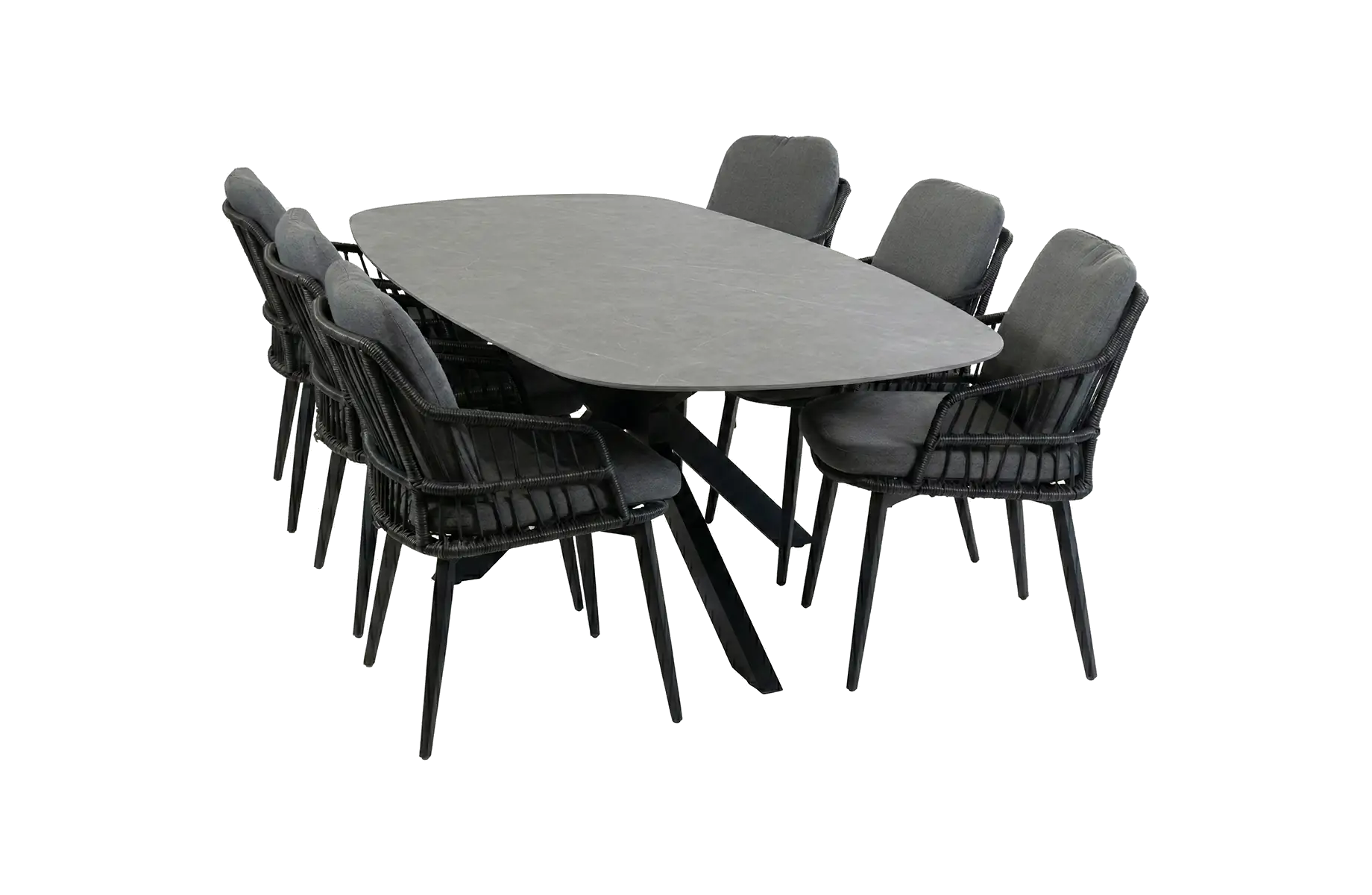 7-teiliges Gartenmöbel-Set | 6 Isabel Gartenstühle (Black) | Gartentisch Barletta 240x115 cm (Black/Desert Pearl)