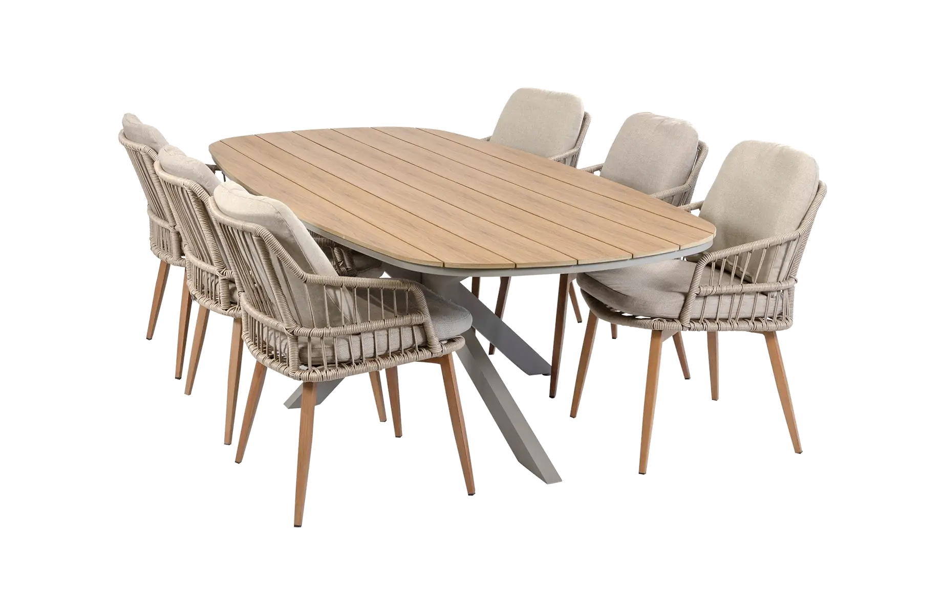7-teiliges Garten-Set | 6 Isabel Gartenstühle (Sand) | Malaga Gartentisch 240 x 115 cm (Camel)