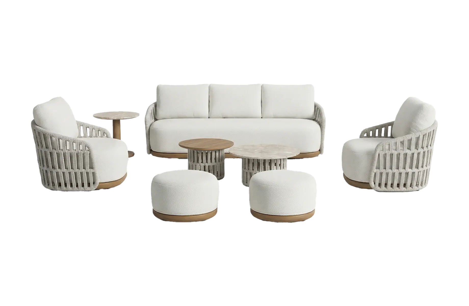 Sessel-Sofa Loungeset Marbella | Wood | 8-Teilig | Natural Bouclé/Stone Cord | Aluminium und Rope