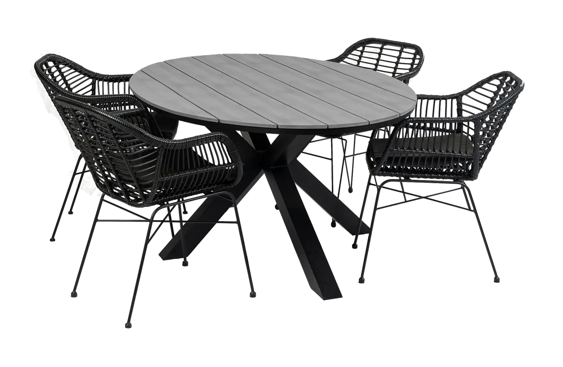 Oslo ovale tuinset-5 delige tuinset-Oslo tuinstoel black-rond wicker vlechtwerk-polywood tuintafel-grey kleur tafelblad-aluminium frame