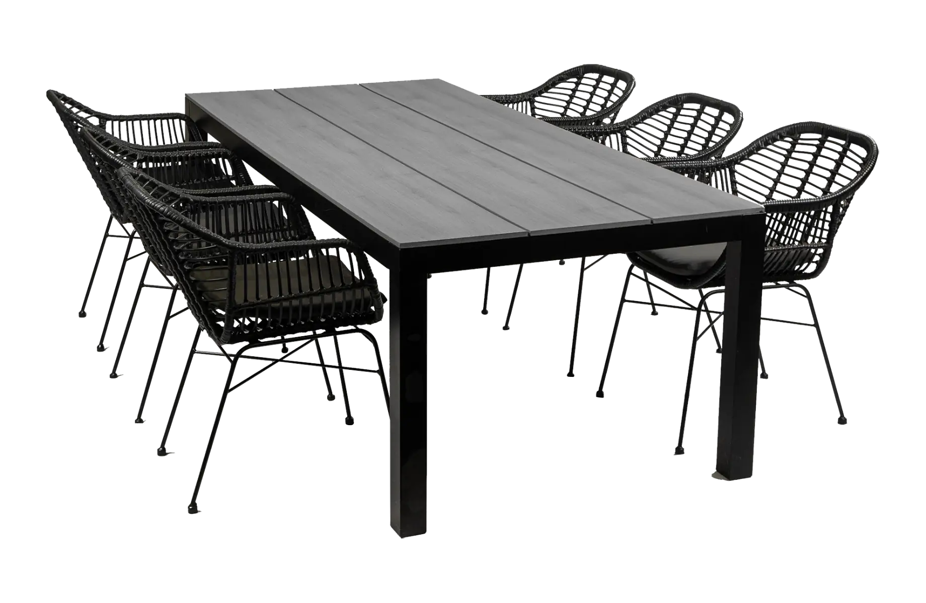 Oslo tuinset-7 delige tuinset-Oslo dining tuinstoel black-polywood tuintafel-grey  kleur-rond wicker vlechtwerk-aluminium frame