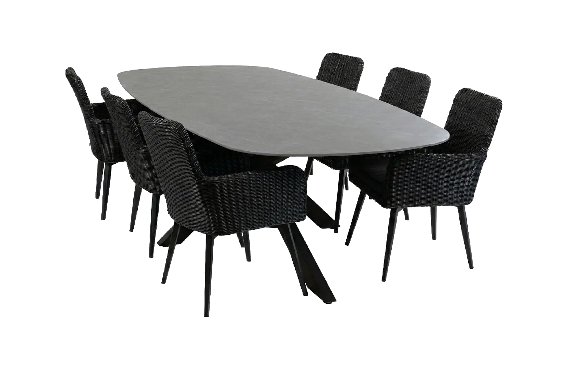 7-teiliges Gartenmöbel-Set | 6 Pisa Gartenstühle (Black) | Gartentisch Barletta 240x115 cm (Desert Pearl/Black)