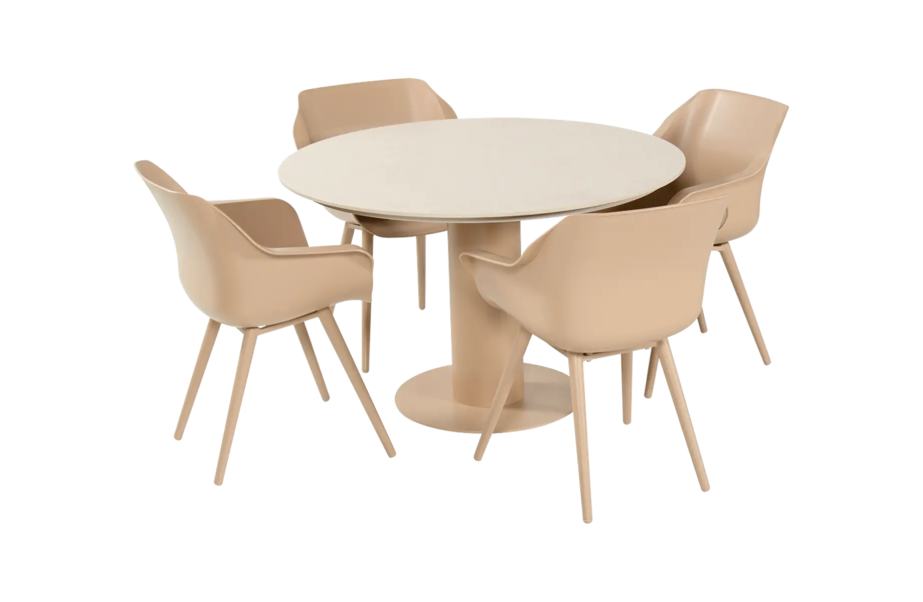 5-teiliges rundes Gartenmöbel-Set | 4 Sophie Gartenstühle (Cappuccino) | Gartentisch Girona Ø120 cm (Sand)